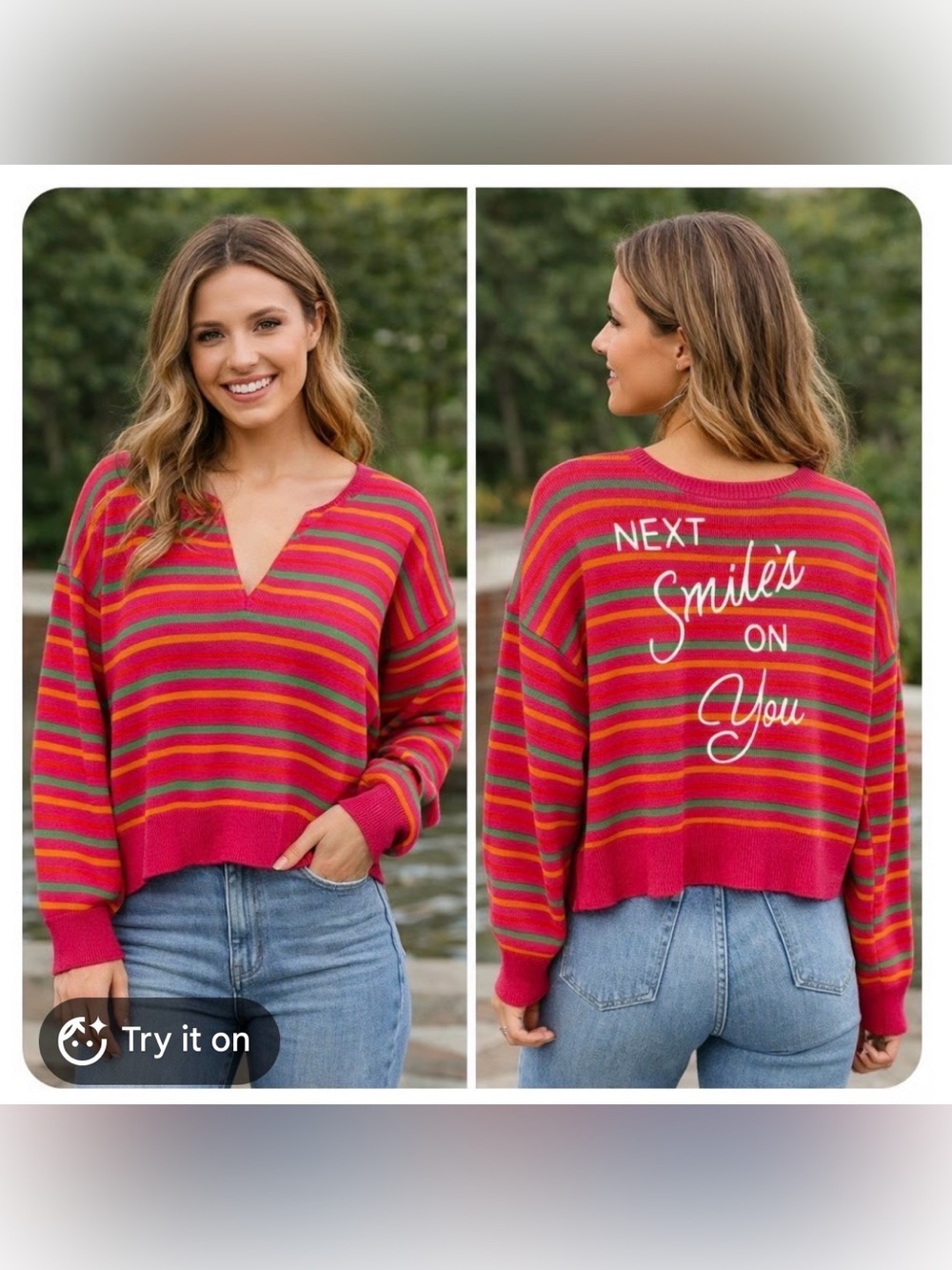 NWT Kerri Rosenthal XOKR Striped Embroidered Next Smile’s On You Sweater